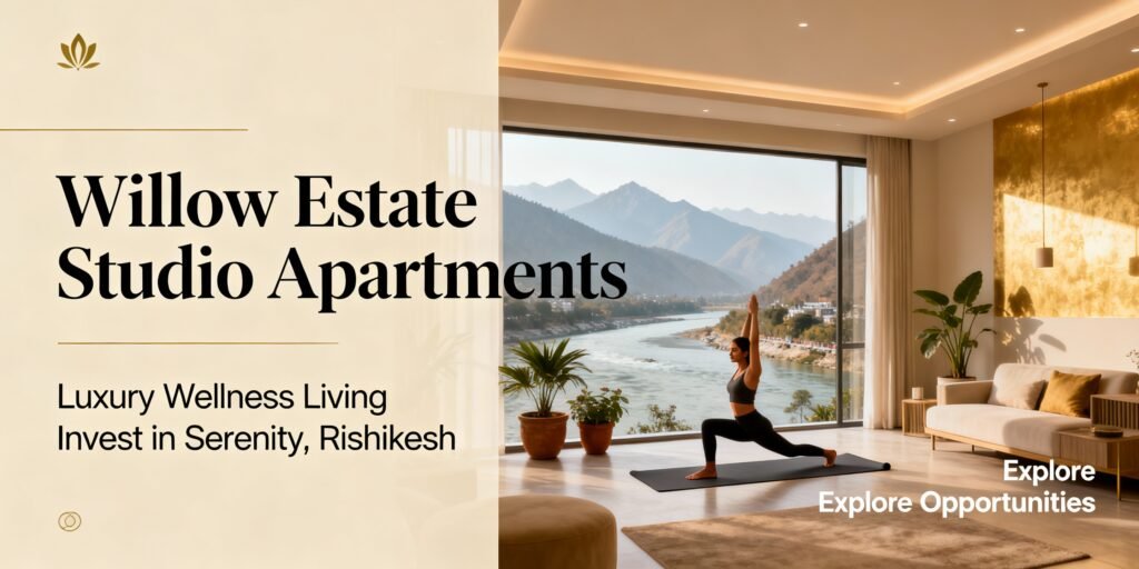 Modern interior design of a 555 sq ft fully furnished studio apartment at Willow Estates featuring a king-size bed and balcony access.