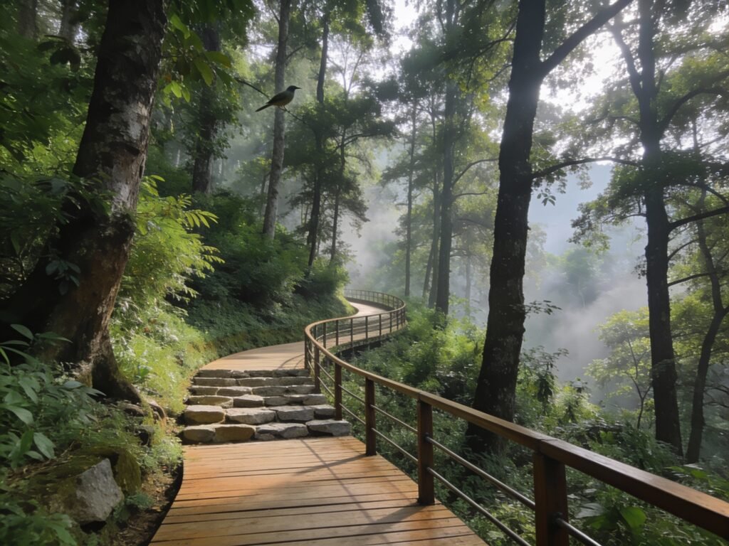 "Natural forest trail at Willow Estates Rishikesh featuring tree-lined pathway through 1.5-acre forest landscape with stone steps, handrails, and dappled sunlight - perfect for jogging, walking meditation, bird watching, and eco-friendly nature activities in serene environment"
